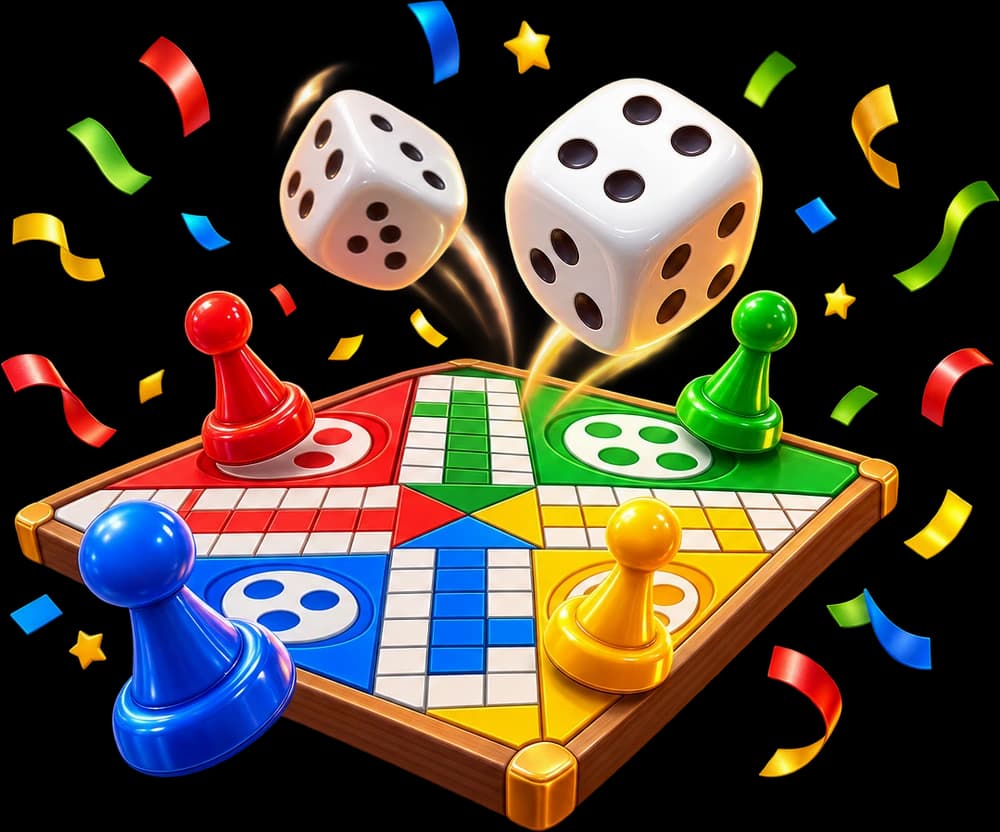 A Ludo board with dice and pawns